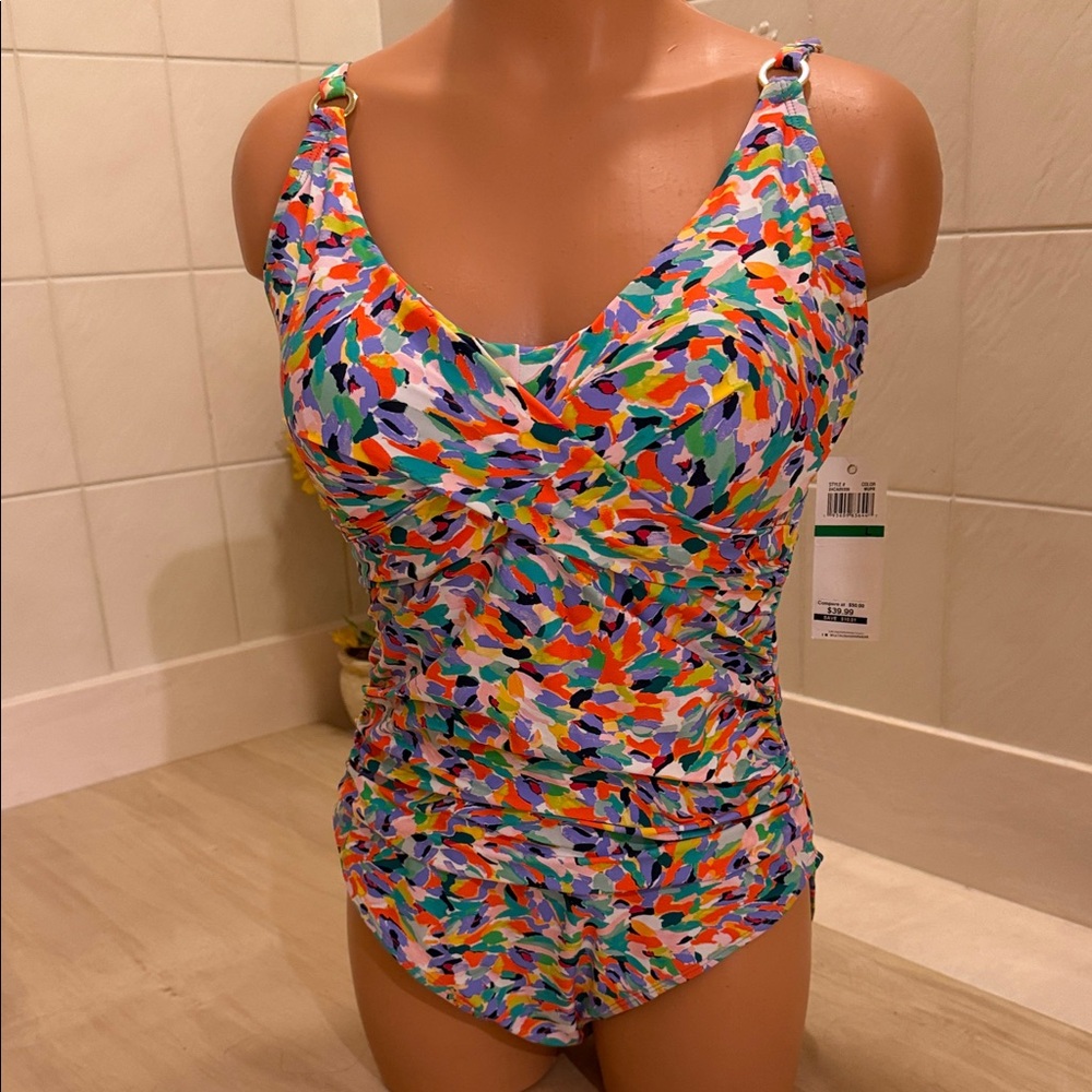 Catalina Colorful Print Large One Piece Swimsuit NWTs Cross Front Design